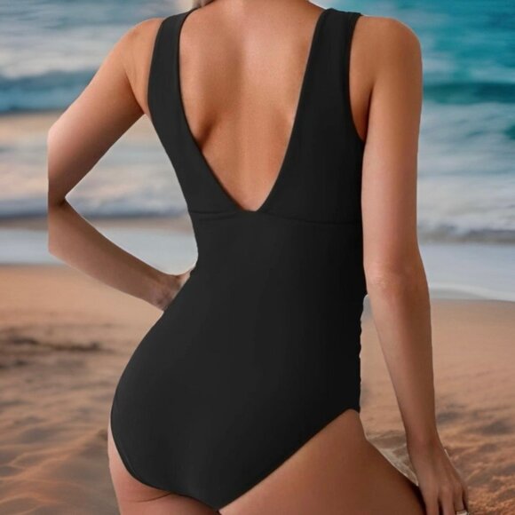 Eomenie Womens One Piece Swimsuit Large Black Ribbed V Neck Tummy Control - Picture 3 of 7